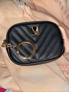 Black Quilted Crossbody Pouch with Gold Accent - V Logo